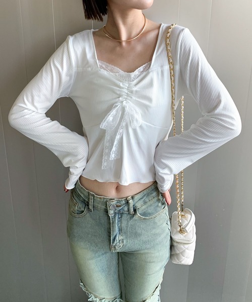 SHEPP（シープ）の「シャーリング レーススクエアネックリボンロンT（Tシャツ/カットソー・レディース・ホワイト・S/L/M）」の17枚目の写真