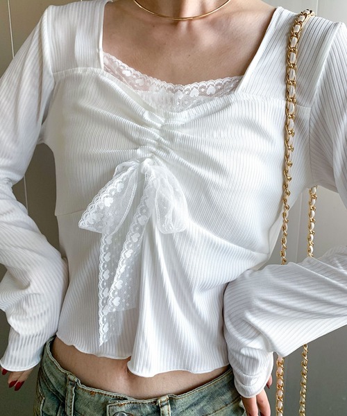 SHEPP（シープ）の「シャーリング レーススクエアネックリボンロンT（Tシャツ/カットソー・レディース・ホワイト・S/L/M）」の8枚目の写真