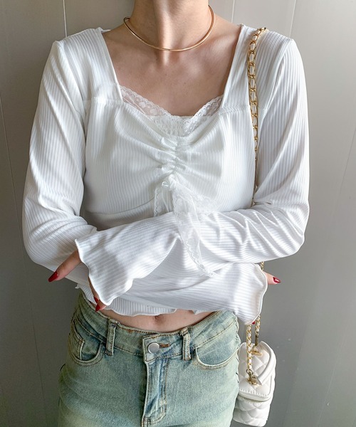 SHEPP（シープ）の「シャーリング レーススクエアネックリボンロンT（Tシャツ/カットソー・レディース・ホワイト・S/L/M）」の9枚目の写真