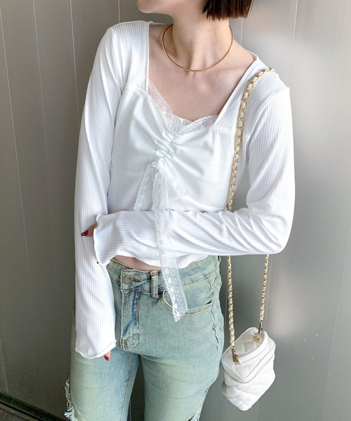 SHEPP（シープ）の「シャーリング レーススクエアネックリボンロンT（Tシャツ/カットソー・レディース・ホワイト・S/L/M）」の10枚目の写真