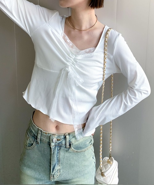 SHEPP（シープ）の「シャーリング レーススクエアネックリボンロンT（Tシャツ/カットソー・レディース・ホワイト・S/L/M）」の11枚目の写真