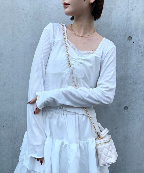 SHEPP（シープ）の「シャーリング レーススクエアネックリボンロンT（Tシャツ/カットソー・レディース・ホワイト・S/L/M）」の13枚目の写真