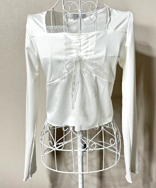 SHEPP（シープ）の「シャーリング レーススクエアネックリボンロンT（Tシャツ/カットソー・レディース・ホワイト・S/L/M）」の19枚目の写真