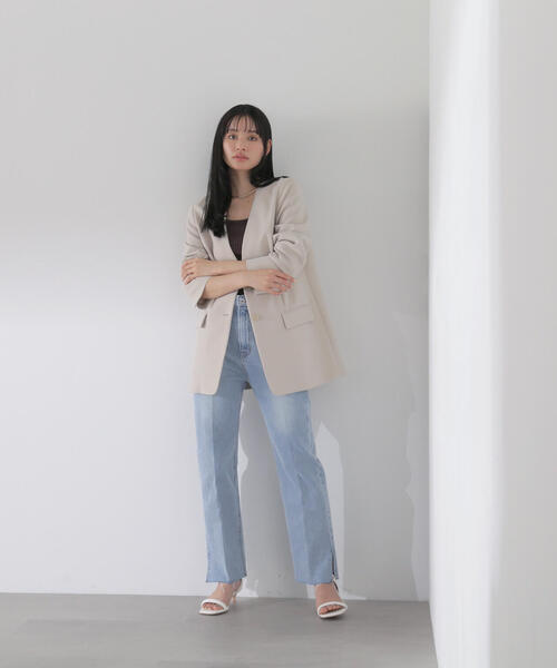 NATURAL BEAUTY BASIC（ナチュラルビューティーベーシック）の「◇ノーカラーボクシージャケット（ノーカラージャケット・レディース・ブラック/ベージュ・FREE）」の9枚目の写真