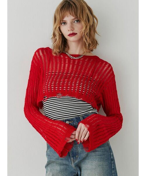 jouetie（ジュエティ）の「クロップドメッシュニット（ニット/セーター・レディース・レッド/ブラック/ピンク/アイボリー・MEDIUM）」の5枚目の写真