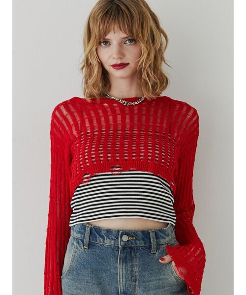 jouetie（ジュエティ）の「クロップドメッシュニット（ニット/セーター・レディース・レッド/ブラック/ピンク/アイボリー・MEDIUM）」の6枚目の写真