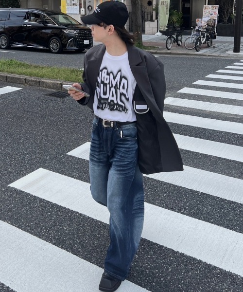 セール】【Chikashitsu +】design washing wide denim pants