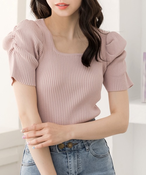 Julia Boutique（ジュリアブティック）の「スクエアネックパワショルニットトップス/24015（ニット/セーター・レディース・ブラック/ブルー/ホワイト/ピンク・ONE）」の4枚目の写真
