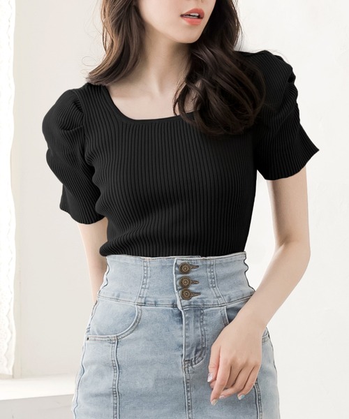 Julia Boutique（ジュリアブティック）の「スクエアネックパワショルニットトップス/24015（ニット/セーター・レディース・ブラック/ブルー/ホワイト/ピンク・ONE）」の3枚目の写真
