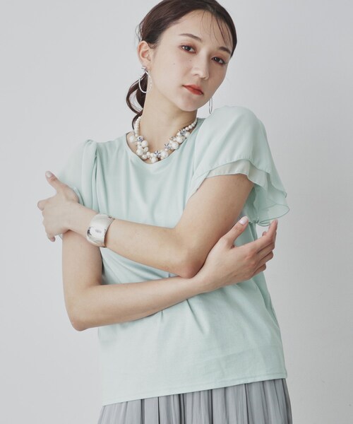 Sunauna(スーナウーナ)の「◆【接触冷感/日本製】シフォンスリーブカットソー(Tシャツ/カットソー・レディース・オフホワイト/ブラック/ブルー系その他/ライトパープル/グリーン系・40/38/36)」の1枚目の写真