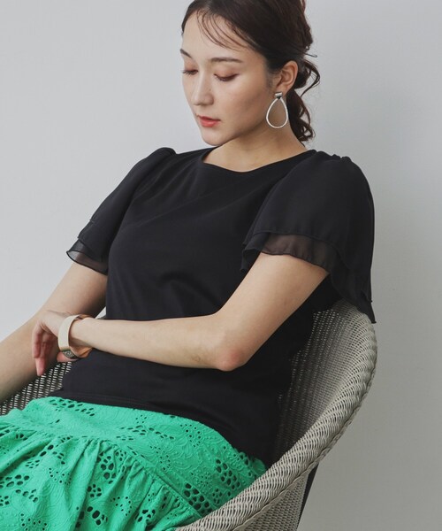 Sunauna(スーナウーナ)の「◆【接触冷感/日本製】シフォンスリーブカットソー(Tシャツ/カットソー・レディース・オフホワイト/ブラック/ブルー系その他/ライトパープル/グリーン系・40/38/36)」の3枚目の写真
