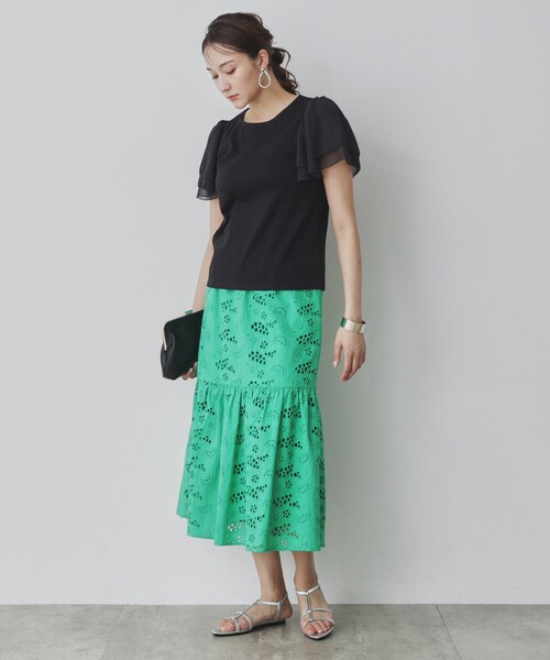 Sunauna(スーナウーナ)の「◆【接触冷感/日本製】シフォンスリーブカットソー(Tシャツ/カットソー・レディース・オフホワイト/ブラック/ブルー系その他/ライトパープル/グリーン系・40/38/36)」の10枚目の写真