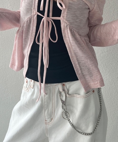リボン刺繍ホワイトデニム/ワイドデニムパンツ（デニムパンツ