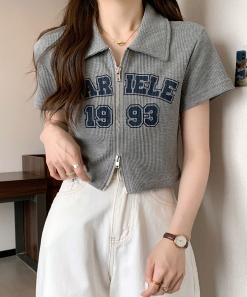 セール】ダブルファスナークロップド丈トップス（Tシャツ