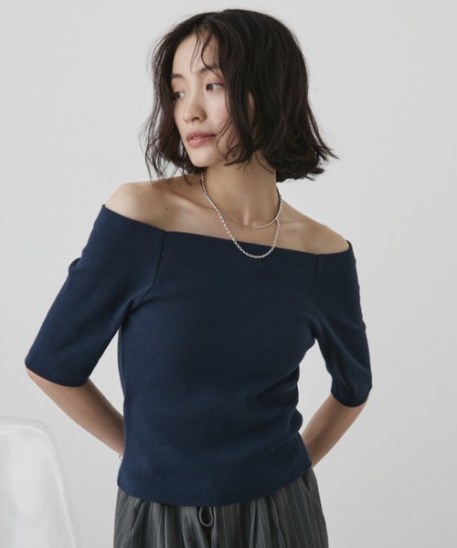 Aunt Marie's（アントマリーズ）の「カップ付きオフショルリブハーフスリーブトップス/カットソー（Tシャツ/カットソー・レディース・ネイビー/ホワイト/ライトグレー/ブラウン・FREE）」の4枚目の写真