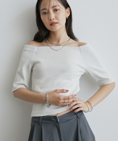 tシャツ ハーフスリーブリブトップス（カップ付き） レディース ハーフスリーブリブトップス(カップ付き)（カットソー/Tシャツ