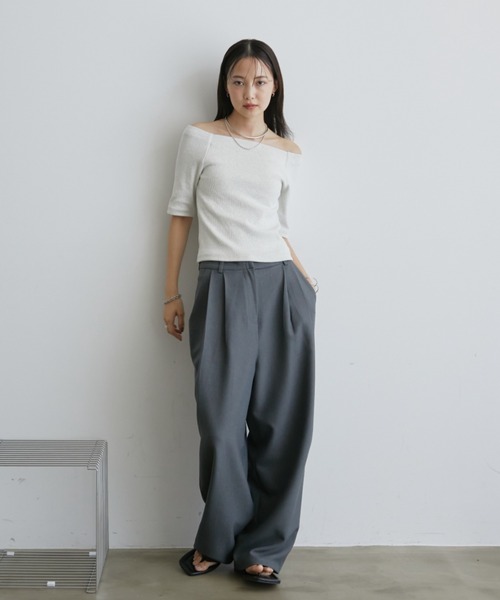 Aunt Marie's（アントマリーズ）の「カップ付きオフショルリブハーフスリーブトップス/カットソー（Tシャツ/カットソー・レディース・ネイビー/ホワイト/ライトグレー/ブラウン・FREE）」の20枚目の写真