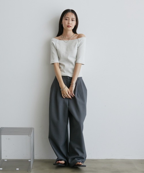 Aunt Marie's（アントマリーズ）の「カップ付きオフショルリブハーフスリーブトップス/カットソー（Tシャツ/カットソー・レディース・ネイビー/ホワイト/ライトグレー/ブラウン・FREE）」の21枚目の写真