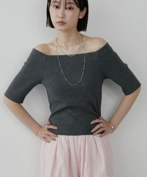 Aunt Marie's(アントマリーズ)の「カップ付きオフショルリブハーフスリーブトップス/カットソー(Tシャツ/カットソー・レディース・ネイビー/ホワイト/ライトグレー/ブラウン/ブラック/チャコールグレー・FREE)」の14枚目の写真