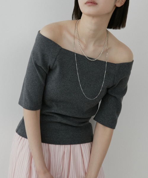 Aunt Marie's(アントマリーズ)の「カップ付きオフショルリブハーフスリーブトップス/カットソー(Tシャツ/カットソー・レディース・ネイビー/ホワイト/ライトグレー/ブラウン/ブラック/チャコールグレー・FREE)」の15枚目の写真