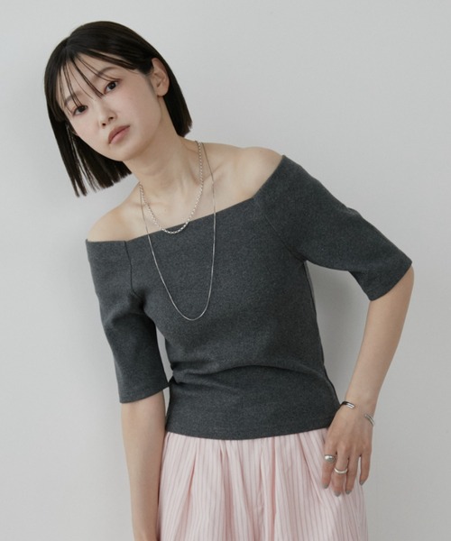 Aunt Marie's(アントマリーズ)の「カップ付きオフショルリブハーフスリーブトップス/カットソー(Tシャツ/カットソー・レディース・ネイビー/ホワイト/ライトグレー/ブラウン/ブラック/チャコールグレー・FREE)」の17枚目の写真