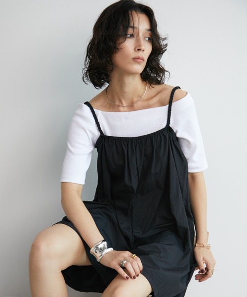 Aunt Marie's（アントマリーズ）の「カップ付きオフショルリブハーフスリーブトップス/カットソー（Tシャツ/カットソー・レディース・ネイビー/ホワイト/ライトグレー/ブラウン・FREE）」の5枚目の写真