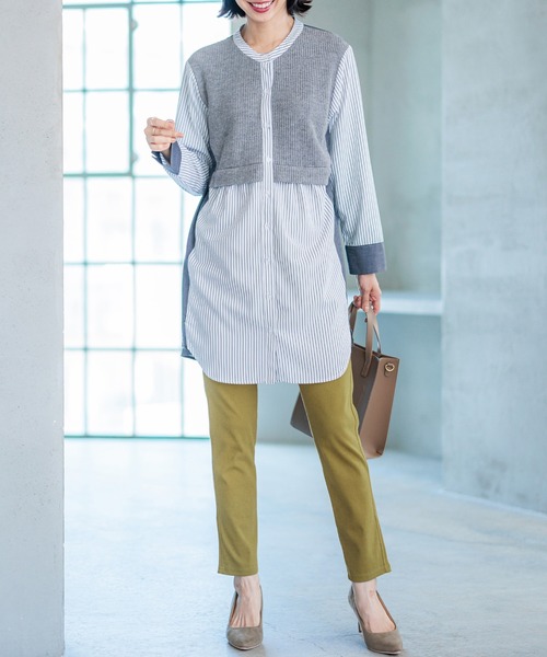BELLUNA PLUS（ベルーナ）の「ストライプ×異素材切替シャツチュニック（チュニック・レディース・杢グレー/ネイビー系・X-LARGE/LARGE/MEDIUM）」の8枚目の写真