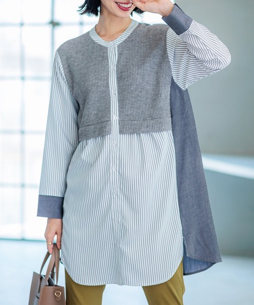 BELLUNA PLUS（ベルーナ）の「ストライプ×異素材切替シャツチュニック（チュニック・レディース・杢グレー/ネイビー系・X-LARGE/LARGE/MEDIUM）」の5枚目の写真