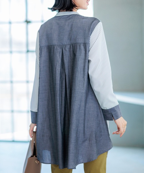 BELLUNA PLUS（ベルーナ）の「ストライプ×異素材切替シャツチュニック（チュニック・レディース・杢グレー/ネイビー系・X-LARGE/LARGE/MEDIUM）」の7枚目の写真