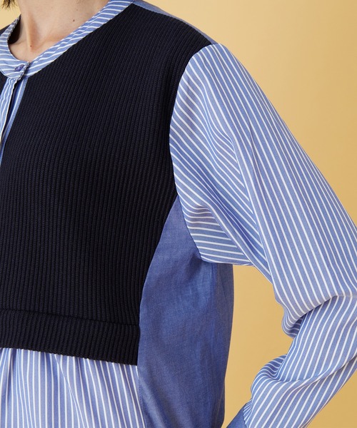 BELLUNA PLUS（ベルーナ）の「ストライプ×異素材切替シャツチュニック（チュニック・レディース・杢グレー/ネイビー系・X-LARGE/LARGE/MEDIUM）」の13枚目の写真