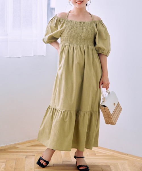 COHINA(コヒナ)の「2wayショルダーシャーリングワンピース【低身長・小柄女性】(ワンピース・レディース・ホワイト/グリーン/ブラック・SHORT/REGULAR)」の3枚目の写真