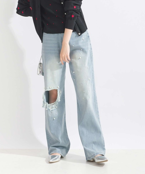 Lo-Fi(ローファイ)の「パール付きダメージデニムパンツ(デニムパンツ・レディース・ブルー・M/S/L)」の2枚目の写真