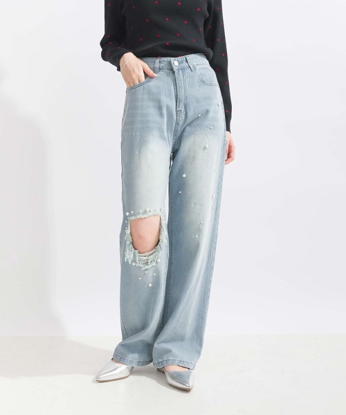 Lo-Fi(ローファイ)の「パール付きダメージデニムパンツ(デニムパンツ・レディース・ブルー・M/S/L)」の8枚目の写真