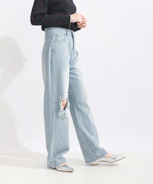 Lo-Fi(ローファイ)の「パール付きダメージデニムパンツ(デニムパンツ・レディース・ブルー・M/S/L)」の10枚目の写真