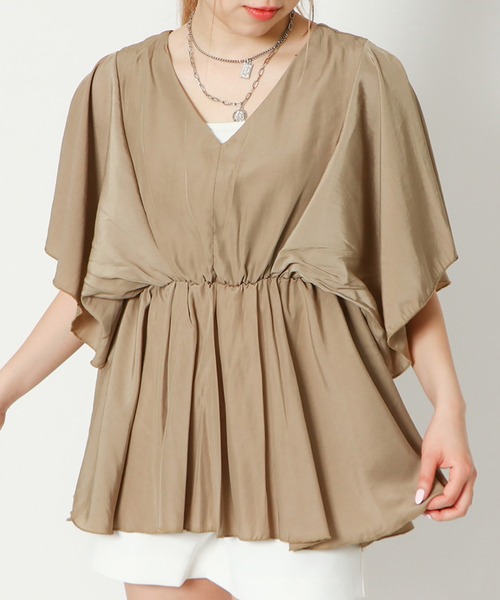 GORGE(ゴージ)の「《ウエストギャザー×フレア袖》レディース Vネックプルオーバー 体型カバー 春夏秋(Tシャツ/カットソー・レディース・ブラック/ミント/ピンク/オフホワイト/ベージュ・F)」の5枚目の写真