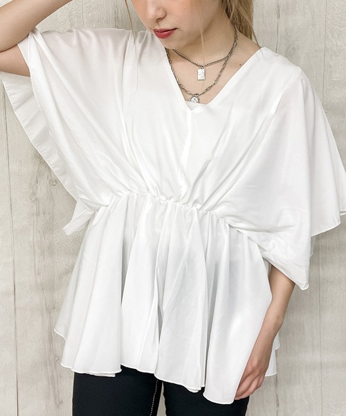 GORGE(ゴージ)の「《ウエストギャザー×フレア袖》レディース Vネックプルオーバー 体型カバー 春夏秋(Tシャツ/カットソー・レディース・ブラック/ミント/ピンク/オフホワイト/ベージュ・F)」の3枚目の写真