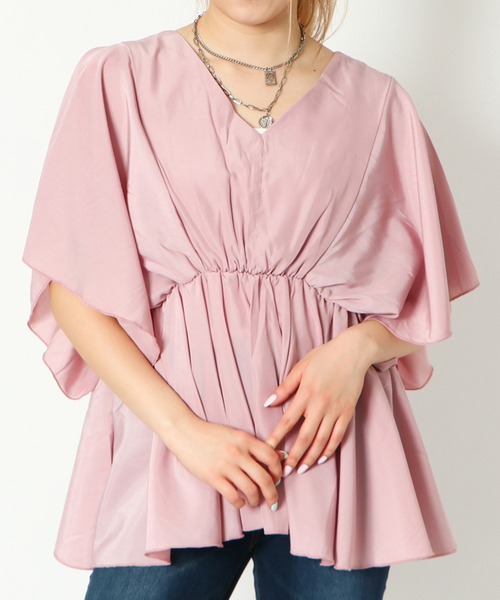 GORGE(ゴージ)の「《ウエストギャザー×フレア袖》レディース Vネックプルオーバー 体型カバー 春夏秋(Tシャツ/カットソー・レディース・ブラック/ミント/ピンク/オフホワイト/ベージュ・F)」の2枚目の写真