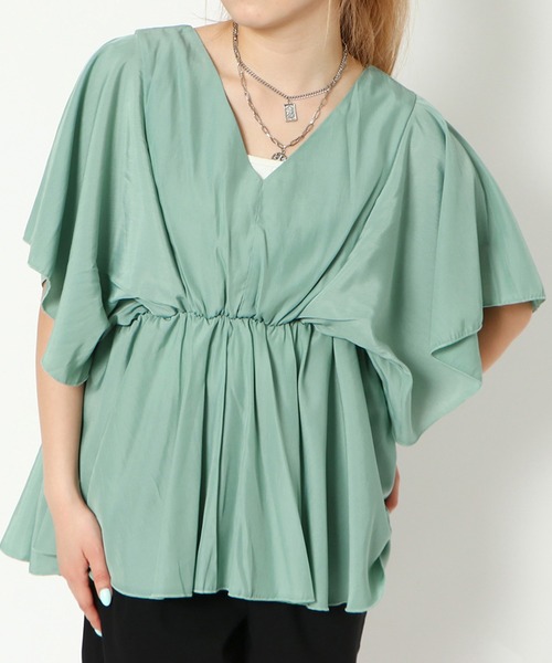 GORGE(ゴージ)の「《ウエストギャザー×フレア袖》レディース Vネックプルオーバー 体型カバー 春夏秋(Tシャツ/カットソー・レディース・ブラック/ミント/ピンク/オフホワイト/ベージュ・F)」の1枚目の写真