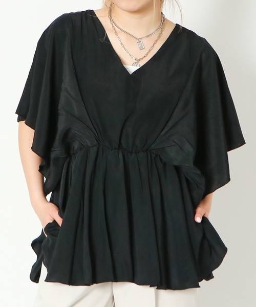 GORGE(ゴージ)の「《ウエストギャザー×フレア袖》レディース Vネックプルオーバー 体型カバー 春夏秋(Tシャツ/カットソー・レディース・ブラック/ミント/ピンク/オフホワイト/ベージュ・F)」の4枚目の写真