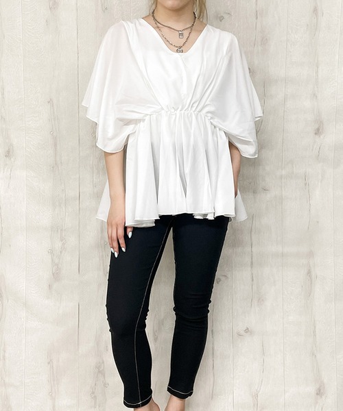 GORGE(ゴージ)の「《ウエストギャザー×フレア袖》レディース Vネックプルオーバー 体型カバー 春夏秋(Tシャツ/カットソー・レディース・ブラック/ミント/ピンク/オフホワイト/ベージュ・F)」の19枚目の写真
