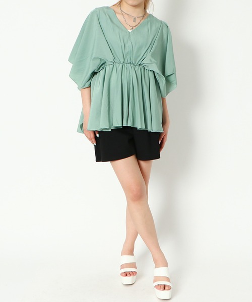 GORGE(ゴージ)の「《ウエストギャザー×フレア袖》レディース Vネックプルオーバー 体型カバー 春夏秋(Tシャツ/カットソー・レディース・ブラック/ミント/ピンク/オフホワイト/ベージュ・F)」の16枚目の写真