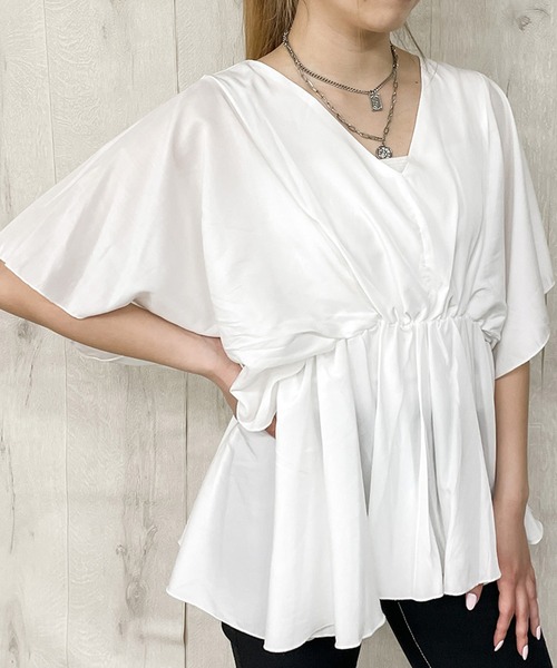 GORGE(ゴージ)の「《ウエストギャザー×フレア袖》レディース Vネックプルオーバー 体型カバー 春夏秋(Tシャツ/カットソー・レディース・ブラック/ミント/ピンク/オフホワイト/ベージュ・F)」の14枚目の写真