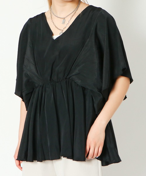 GORGE(ゴージ)の「《ウエストギャザー×フレア袖》レディース Vネックプルオーバー 体型カバー 春夏秋(Tシャツ/カットソー・レディース・ブラック/ミント/ピンク/オフホワイト/ベージュ・F)」の13枚目の写真