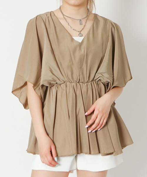 GORGE(ゴージ)の「《ウエストギャザー×フレア袖》レディース Vネックプルオーバー 体型カバー 春夏秋(Tシャツ/カットソー・レディース・ブラック/ミント/ピンク/オフホワイト/ベージュ・F)」の12枚目の写真