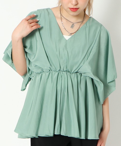 GORGE(ゴージ)の「《ウエストギャザー×フレア袖》レディース Vネックプルオーバー 体型カバー 春夏秋(Tシャツ/カットソー・レディース・ブラック/ミント/ピンク/オフホワイト/ベージュ・F)」の11枚目の写真
