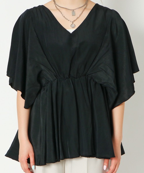 GORGE(ゴージ)の「《ウエストギャザー×フレア袖》レディース Vネックプルオーバー 体型カバー 春夏秋(Tシャツ/カットソー・レディース・ブラック/ミント/ピンク/オフホワイト/ベージュ・F)」の9枚目の写真