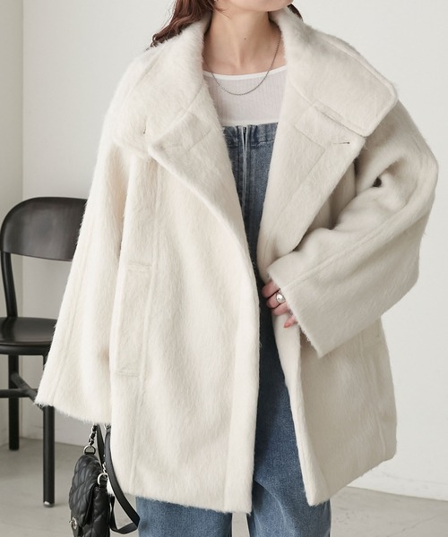 BONLECILL（ボンルシール）の「シャギースタンドカラーコクーンミドルコート（ステンカラーコート・レディース・ブラウン/アイボリー/チャコールグレー・FREE）」の5枚目の写真