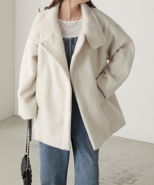 BONLECILL（ボンルシール）の「シャギースタンドカラーコクーンミドルコート（ステンカラーコート・レディース・ブラウン/アイボリー/チャコールグレー・FREE）」の6枚目の写真