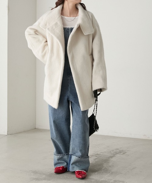 BONLECILL（ボンルシール）の「シャギースタンドカラーコクーンミドルコート（ステンカラーコート・レディース・ブラウン/アイボリー/チャコールグレー・FREE）」の9枚目の写真