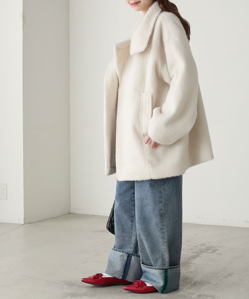 BONLECILL（ボンルシール）の「シャギースタンドカラーコクーンミドルコート（ステンカラーコート・レディース・ブラウン/アイボリー/チャコールグレー・FREE）」の10枚目の写真